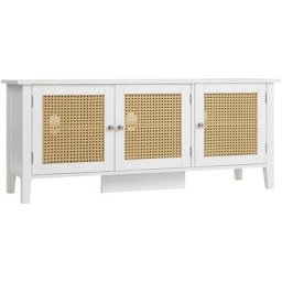 Meuble TV banc TV style bohême 3 portes aspect cannage rotin - 120L x 35l x 50H cm MDF blanc - Blanc