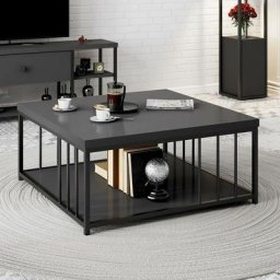 Table basse carrée Olliana 90x90cm Bois Anthracite et Métal Noir - Anthracite