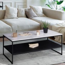 Table basse alaska double plateau effet marbre et bois noir pied métal - Multicolore