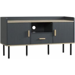 Meuble TV banc TV design Urban Craft - 2 portes, tiroir, niche, plateau rebord - piètement acier