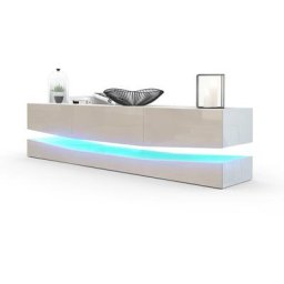 Armoire basse Meuble tv City en Blanc mat - haute brillance & tons naturels - Façades en Gris sable