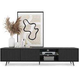 Selsey - Bello - Meuble tv led 175 cm noir, façades à lamelles et pieds noirs