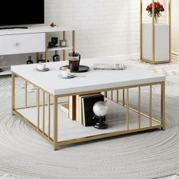 Table basse carrée Olliana 90x90cm Bois Blanc et Métal Or - Blanc / Or