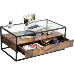 Vasagle Table Basse de Style Industriel, Plateau en Verre trempé, 2 Tiroirs, Tablette Rustique,