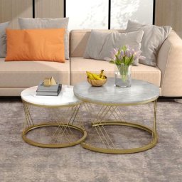 Lot de 2 tables basses gigogne rondes 70 / 45 - motif marbre, cadre doré, table basse moderne style