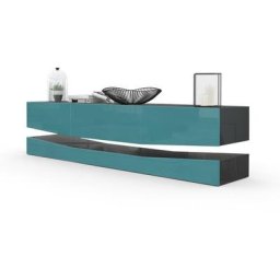 Armoire basse Meuble tv City en Noir mat - haute brillance & tons naturels - Façades en Turquoise
