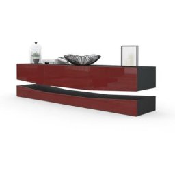 Armoire basse Meuble tv City en Noir mat - haute brillance & tons naturels - Façades en Bordeaux