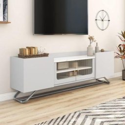 Merax - Meuble tv / Meuble de Salon 150 cm - Bois Laqué Blanc - 2 Portes en verre et 2 Cloisons