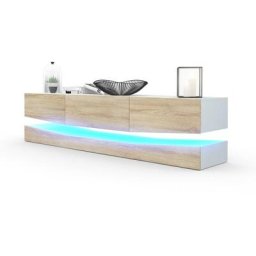 Armoire basse Meuble tv City en Blanc mat - haute brillance & tons naturels - Portes en Chêne brut