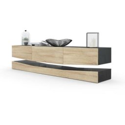 Armoire basse Meuble tv City en Noir mat - haute brillance & tons naturels - Portes en Chêne brut