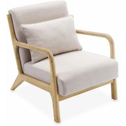 Fauteuil design en bois et tissu, 1 place droit fixe, pieds compas scandinave, structure en bois