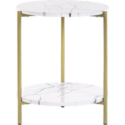 Table d'Appoint Moderne avec Etagère Pieds en Métal Effet Marbre et Doré Reva - Blanc