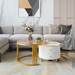 Table basse ronde 2 en 1 - Table basse gigogne Style scandinave en mdf 1 plateau en marbre pour le
