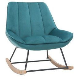 Miliboo - Rocking chair design en tissu velours bleu pétrole, métal noir et bois clair billie