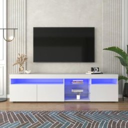 Dolinhome - Meuble tv moderne blanc, panneau lumineux, éclairage led variable, salon et salle à