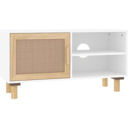 Meuble tv Blanc 80x30x40 cm Bois de pin massif et rotin naturel Vidaxl Blanc