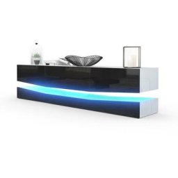 Armoire basse Meuble tv City en Blanc mat - haute brillance & tons naturels - Façades en Noir haute