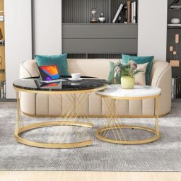 Lot de 2 tables basses gigogne rondes 70 / 45 - motif marbre, cadre doré, table basse moderne style