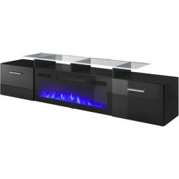 Meuble rtv rova ef 190cm + cheminée électrique noir brillant
