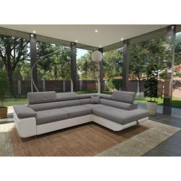 Aubin - Canapé d'angle convertible gris et blanc coffre de rangement - Angle Droit - Gris