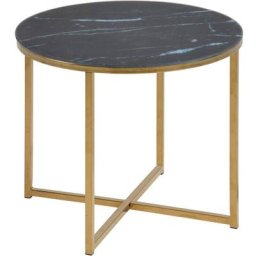 Alisma Table d'angle Ø50 cm, impression marbre noir, chrome doré.
