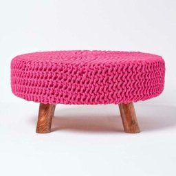 Grand Pouf tressé en tricot et pieds en bois - Rose fuchsia - Rose Fuchsia - Homescapes