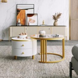 LBF - Tables basses gigognes rondes lot de 2 - avec 2 tiroirs, motif marbre, plateau en verre