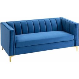 Canapé 3 places style Art Déco piètement acier doré revêtement velours bleu - Bleu