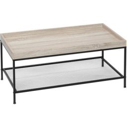 Table basse rectangulaire style campagne chic avec étagère métal maillé noir mdf aspect chêne clair