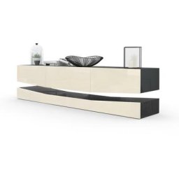 Armoire basse Meuble tv City en Noir mat - haute brillance & tons naturels - Portes en Crème haute