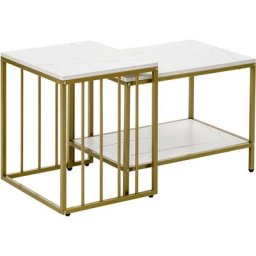 Lot de 2 tables basses gigognes style art déco - acier doré panneaux aspect marbre blanc - Blanc