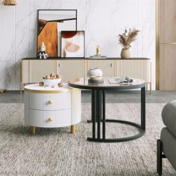 Table basse ronde 2 en 1 - Table basse gigogne Style scandinave en mdf 1 plateau en marbre pour le
