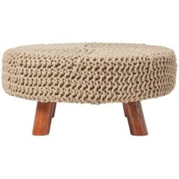 Grand Pouf tressé en tricot et pieds en bois - Beige - Beige - Homescapes