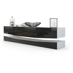 Armoire basse Meuble tv City en Blanc mat - haute brillance & tons naturels - Façades en Noir haute