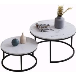Table basse gigogne ronde moderne - Cadre en métal, panneau à motif marbré - Grande table : 80 x 45