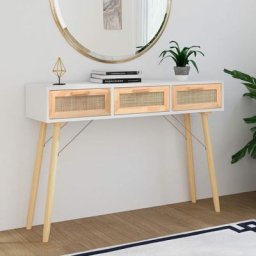Table console Table d'entrée | Bout de Canapé Blanc 105x30x75 cm Bois massif pin /rotin naturel