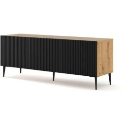 Meuble tv Ravenna avec 3 portes en bois et pieds noirs - Noir et beige - l 150 x p 42 x h 56 cm