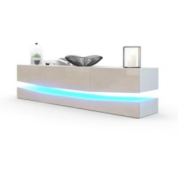 Armoire basse Meuble tv City en Blanc mat - haute brillance & tons naturels - Façades en Gris sable