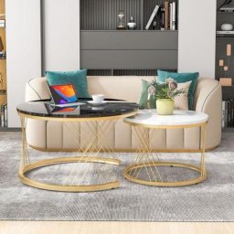 Lot de 2 tables basses gigogne rondes Moderne 70x45 cm - motif marbre, cadre doré, table basse