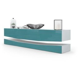 Armoire basse Meuble tv City en Blanc mat - haute brillance & tons naturels - Façades en Turquoise