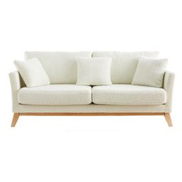 Canapé scandinave déhoussable 3 places en tissu effet laine bouclée blanc cassé et bois clair oslo
