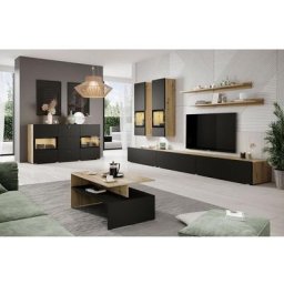 Ensemble de 7 meubles de salon collection ramos. Chêne et noir super mat. - Noir