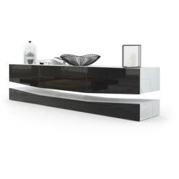 Armoire basse Meuble tv City en Blanc mat - haute brillance & tons naturels - Façades en Noir haute