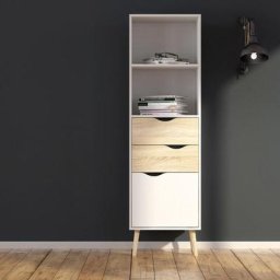 Bibliothèque de style scandinave avec deux étagères, deux tiroirs et une porte, blanc et chêne,