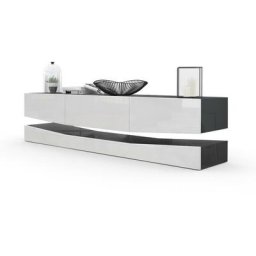 Armoire basse Meuble tv City en Noir mat - haute brillance & tons naturels - Façades en Blanc haute
