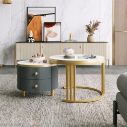 Table basse ronde 2 en 1 - Table basse gigogne Style scandinave en mdf 1 plateau en marbre pour le