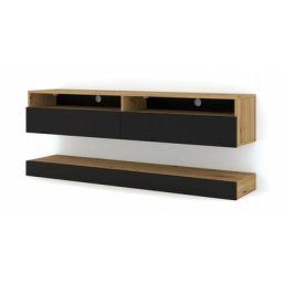 Ac-déco - Meuble tv duo avec 2 portes + 2 étagères + panneau au sol - Noir et beige - l 160 x p 34