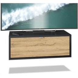 Meuble de tv Armoire suspendue Lowboard Lana noir mat - haute brillance - Façades en Chêne Nature
