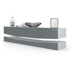 Armoire basse Meuble tv City en Blanc mat - haute brillance & tons naturels - Façades en Gris haute