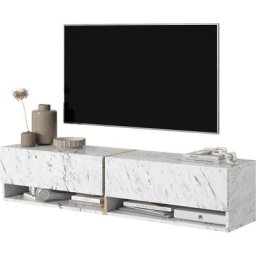 Selsey - Meuble tv Mirrgo 140 cm marbre blanc Egger avec insert doré